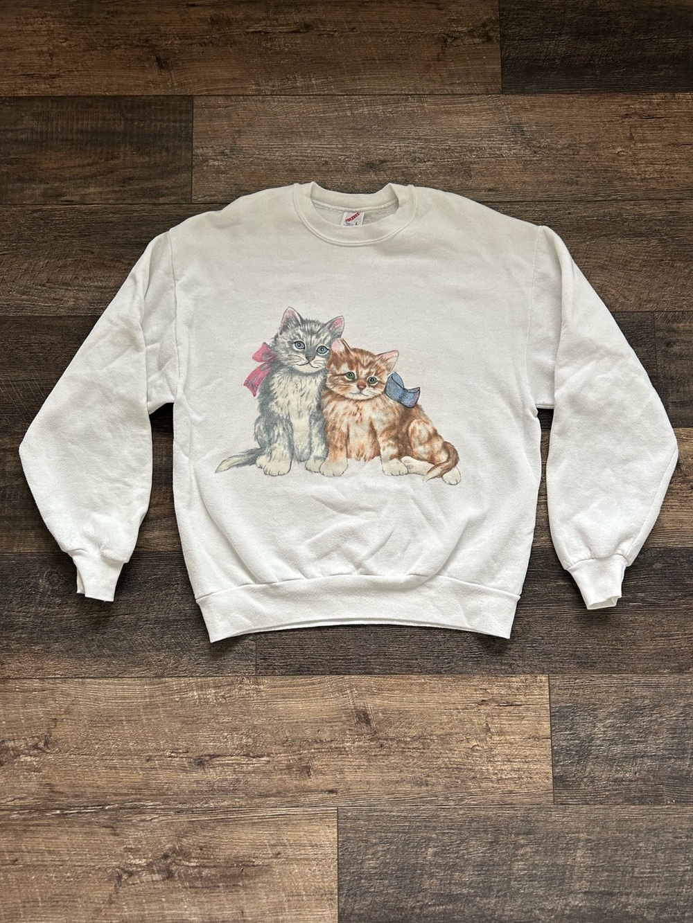Vintage 90s Cute Kitty Cat Kitten Crewneck-Sweatshirt White Jerzees Large